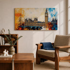 Panoramic abstract painting of the London skyline featuring the Elizabeth Tower known as Big Ben rising above the River Thames with surrounding historic buildings and bridge silhouettes. Thick expressive brushstrokes form textured architecture glowing clock faces and layered reflections across the wide cityscape composition.