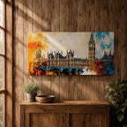 Panoramic abstract painting of the London skyline featuring the Elizabeth Tower known as Big Ben rising above the River Thames with surrounding historic buildings and bridge silhouettes. Thick expressive brushstrokes form textured architecture glowing clock faces and layered reflections across the wide cityscape composition.