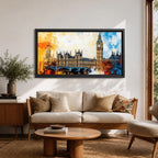 Panoramic abstract painting of the London skyline featuring the Elizabeth Tower known as Big Ben rising above the River Thames with surrounding historic buildings and bridge silhouettes. Thick expressive brushstrokes form textured architecture glowing clock faces and layered reflections across the wide cityscape composition.
