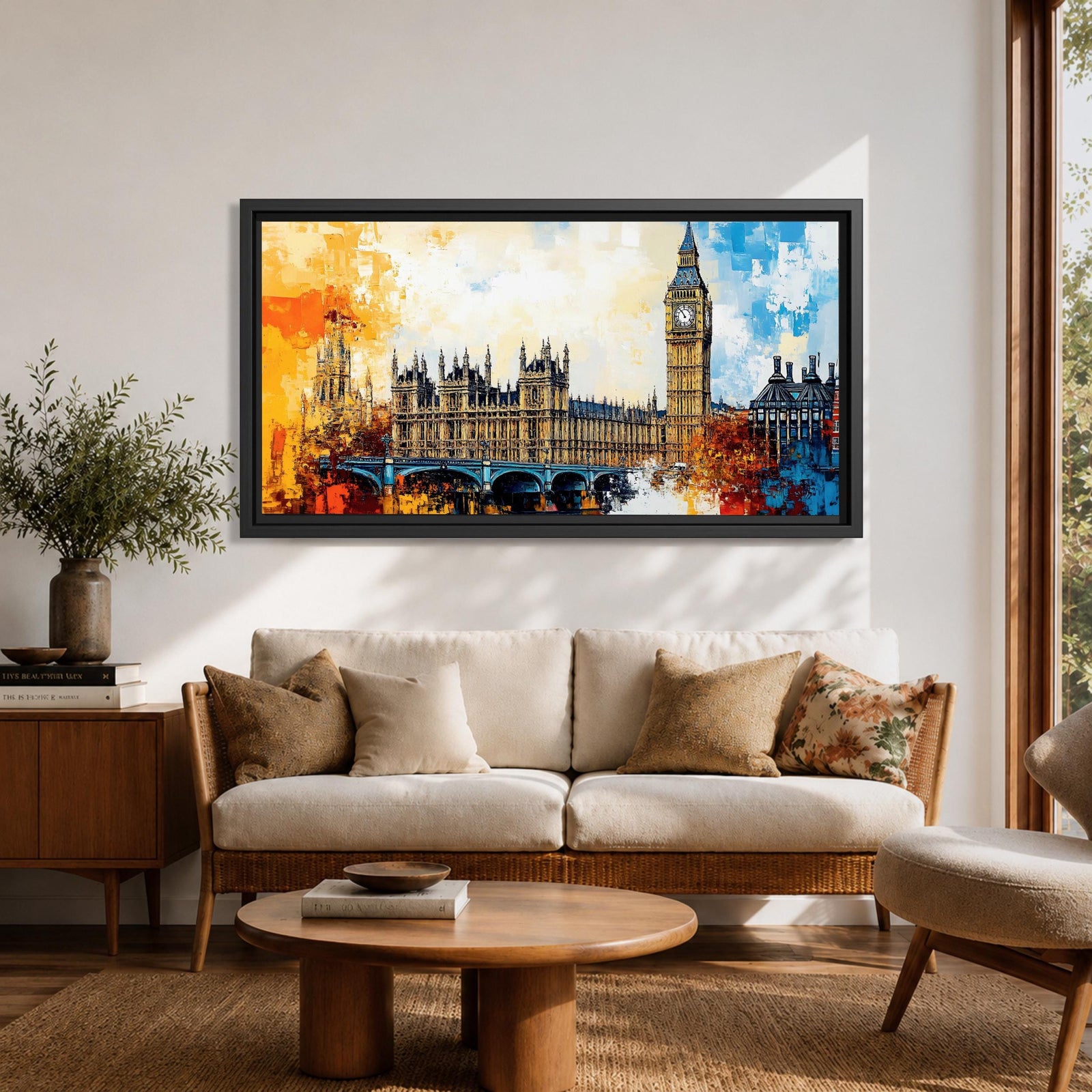 Panoramic abstract painting of the London skyline featuring the Elizabeth Tower known as Big Ben rising above the River Thames with surrounding historic buildings and bridge silhouettes. Thick expressive brushstrokes form textured architecture glowing clock faces and layered reflections across the wide cityscape composition.