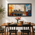 Panoramic abstract painting of the London skyline featuring the Elizabeth Tower known as Big Ben rising above the River Thames with surrounding historic buildings and bridge silhouettes. Thick expressive brushstrokes form textured architecture glowing clock faces and layered reflections across the wide cityscape composition.