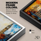 Panoramic abstract painting of the London skyline featuring the Elizabeth Tower known as Big Ben rising above the River Thames with surrounding historic buildings and bridge silhouettes. Thick expressive brushstrokes form textured architecture glowing clock faces and layered reflections across the wide cityscape composition.