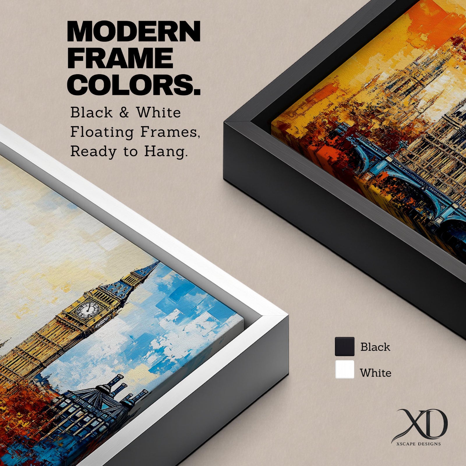Panoramic abstract painting of the London skyline featuring the Elizabeth Tower known as Big Ben rising above the River Thames with surrounding historic buildings and bridge silhouettes. Thick expressive brushstrokes form textured architecture glowing clock faces and layered reflections across the wide cityscape composition.