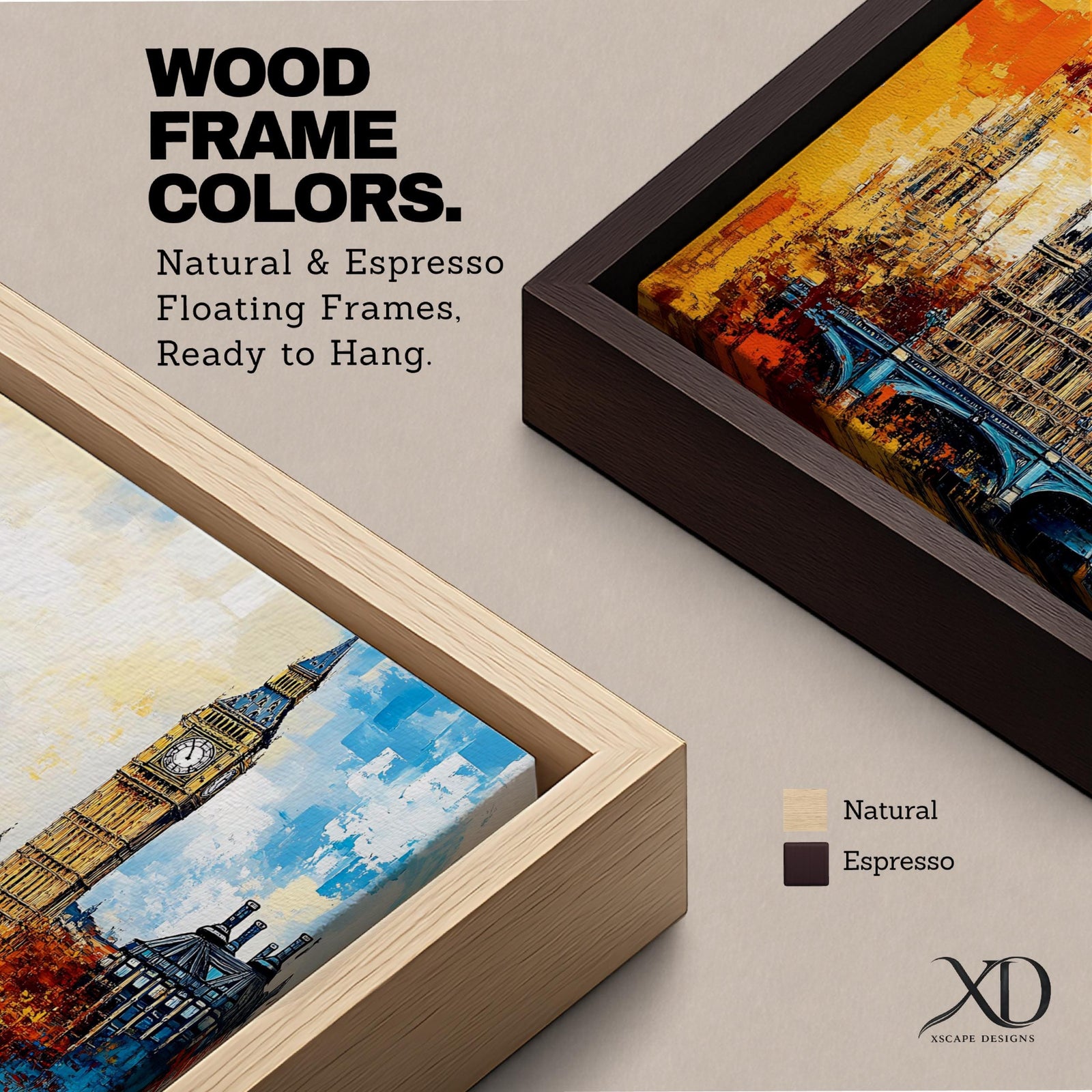 Panoramic abstract painting of the London skyline featuring the Elizabeth Tower known as Big Ben rising above the River Thames with surrounding historic buildings and bridge silhouettes. Thick expressive brushstrokes form textured architecture glowing clock faces and layered reflections across the wide cityscape composition.