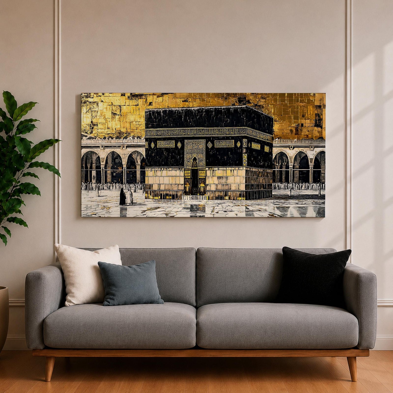 Panoramic gold and black painting of the Kaaba at Masjid al Haram in Mecca, showing the cubed sanctuary draped in the black kiswah with gold calligraphy bands. Surrounding mosque arches and marble courtyard stretch across the horizontal composition while small pilgrim figures circle the Kaaba creating scale and depth.