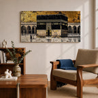 Panoramic gold and black painting of the Kaaba at Masjid al Haram in Mecca, showing the cubed sanctuary draped in the black kiswah with gold calligraphy bands. Surrounding mosque arches and marble courtyard stretch across the horizontal composition while small pilgrim figures circle the Kaaba creating scale and depth.