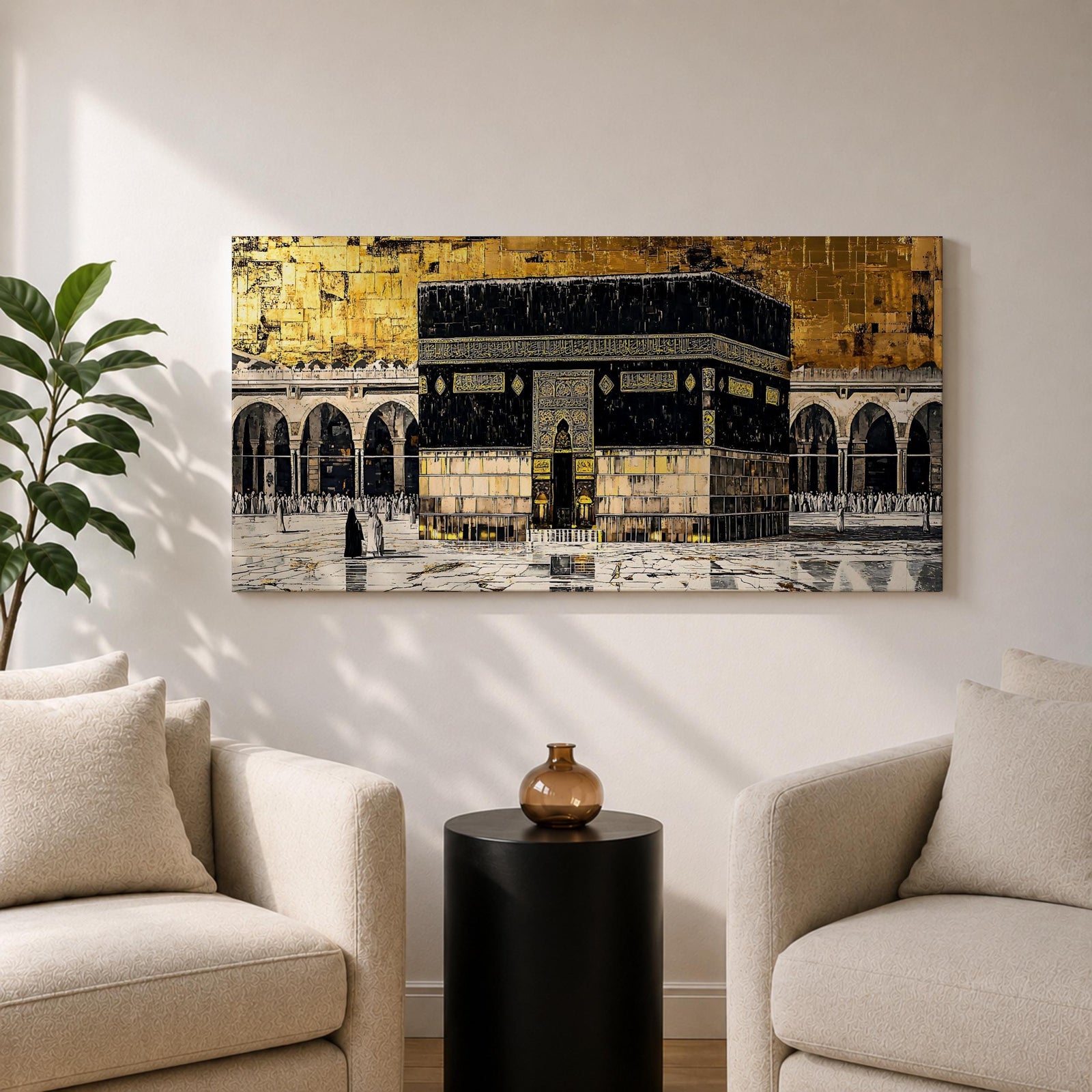 Panoramic gold and black painting of the Kaaba at Masjid al Haram in Mecca, showing the cubed sanctuary draped in the black kiswah with gold calligraphy bands. Surrounding mosque arches and marble courtyard stretch across the horizontal composition while small pilgrim figures circle the Kaaba creating scale and depth.