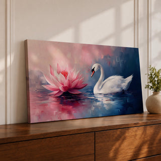 Panoramic painting of a graceful white swan gliding across calm reflective water beside a large blooming pink lotus flower. Soft blended brushstrokes create a dreamy atmosphere with gentle ripples reflections and layered petals while cool blue and warm pink tones contrast across the wide horizontal water scene.
