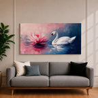 Panoramic painting of a graceful white swan gliding across calm reflective water beside a large blooming pink lotus flower. Soft blended brushstrokes create a dreamy atmosphere with gentle ripples reflections and layered petals while cool blue and warm pink tones contrast across the wide horizontal water scene.