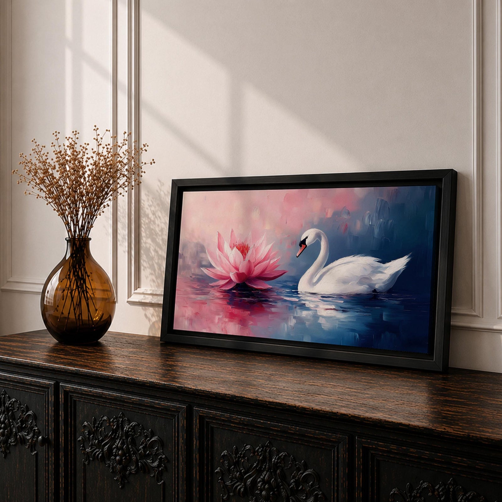 Panoramic painting of a graceful white swan gliding across calm reflective water beside a large blooming pink lotus flower. Soft blended brushstrokes create a dreamy atmosphere with gentle ripples reflections and layered petals while cool blue and warm pink tones contrast across the wide horizontal water scene.