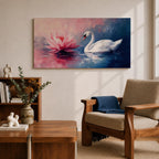 Panoramic painting of a graceful white swan gliding across calm reflective water beside a large blooming pink lotus flower. Soft blended brushstrokes create a dreamy atmosphere with gentle ripples reflections and layered petals while cool blue and warm pink tones contrast across the wide horizontal water scene.