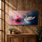 Panoramic painting of a graceful white swan gliding across calm reflective water beside a large blooming pink lotus flower. Soft blended brushstrokes create a dreamy atmosphere with gentle ripples reflections and layered petals while cool blue and warm pink tones contrast across the wide horizontal water scene.