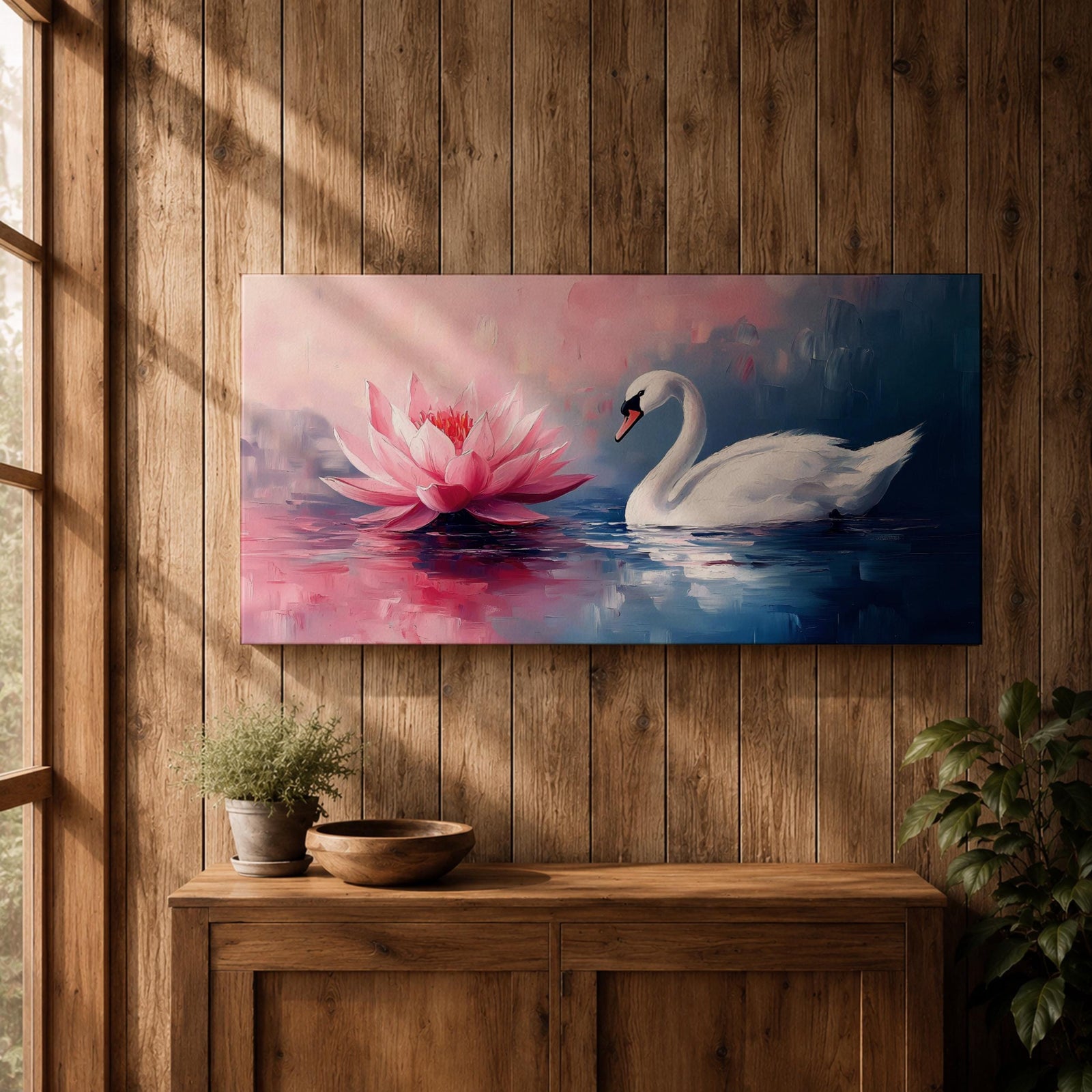 Panoramic painting of a graceful white swan gliding across calm reflective water beside a large blooming pink lotus flower. Soft blended brushstrokes create a dreamy atmosphere with gentle ripples reflections and layered petals while cool blue and warm pink tones contrast across the wide horizontal water scene.