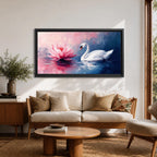 Panoramic painting of a graceful white swan gliding across calm reflective water beside a large blooming pink lotus flower. Soft blended brushstrokes create a dreamy atmosphere with gentle ripples reflections and layered petals while cool blue and warm pink tones contrast across the wide horizontal water scene.