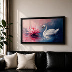 Panoramic painting of a graceful white swan gliding across calm reflective water beside a large blooming pink lotus flower. Soft blended brushstrokes create a dreamy atmosphere with gentle ripples reflections and layered petals while cool blue and warm pink tones contrast across the wide horizontal water scene.