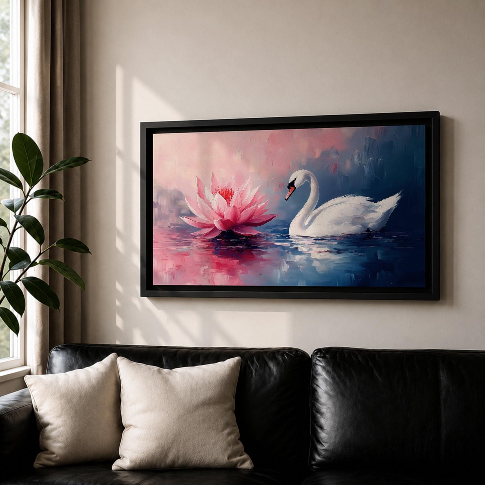 Panoramic painting of a graceful white swan gliding across calm reflective water beside a large blooming pink lotus flower. Soft blended brushstrokes create a dreamy atmosphere with gentle ripples reflections and layered petals while cool blue and warm pink tones contrast across the wide horizontal water scene.