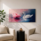 Panoramic painting of a graceful white swan gliding across calm reflective water beside a large blooming pink lotus flower. Soft blended brushstrokes create a dreamy atmosphere with gentle ripples reflections and layered petals while cool blue and warm pink tones contrast across the wide horizontal water scene.