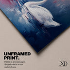 Panoramic painting of a graceful white swan gliding across calm reflective water beside a large blooming pink lotus flower. Soft blended brushstrokes create a dreamy atmosphere with gentle ripples reflections and layered petals while cool blue and warm pink tones contrast across the wide horizontal water scene.