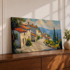 Panoramic painting of a Mediterranean hillside village with warm stone houses and terracotta roofs overlooking the rolling Tuscany hills. Thick palette knife brushstrokes create textured buildings cypress trees and layered green landscapes beneath a glowing sky forming a wide Italian countryside scene.