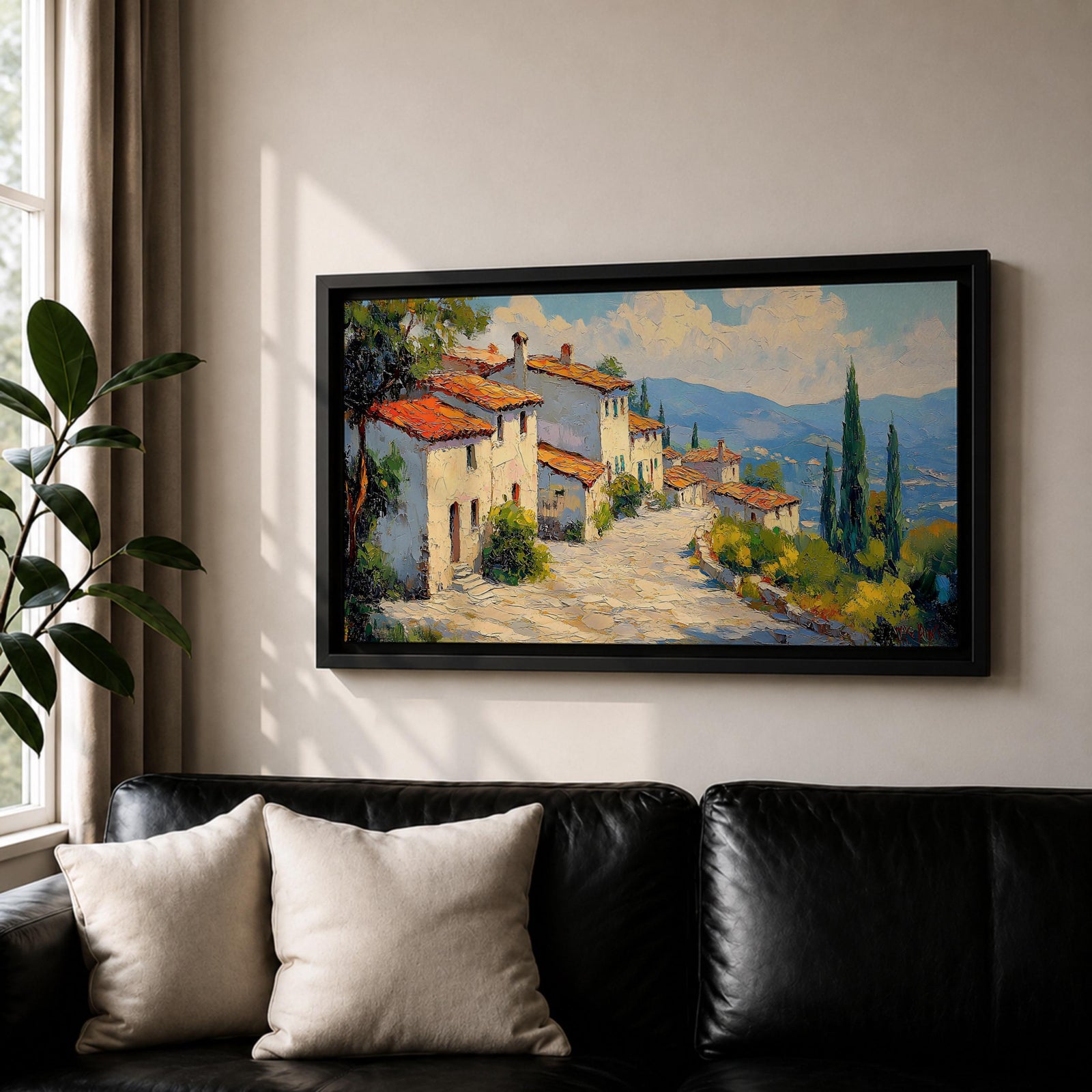 Panoramic painting of a Mediterranean hillside village with warm stone houses and terracotta roofs overlooking the rolling Tuscany hills. Thick palette knife brushstrokes create textured buildings cypress trees and layered green landscapes beneath a glowing sky forming a wide Italian countryside scene.