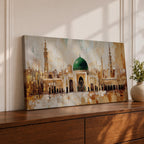 Panoramic painting of Al Masjid an Nabawi in Medina featuring the iconic green dome centered among ornate mosque architecture and tall minarets rising against a warm textured skyline. Thick palette knife strokes form arches domes and city structures creating a wide horizontal Islamic architectural scene with layered gold beige and green tones.