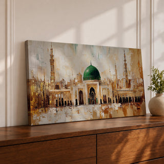 Panoramic painting of Al Masjid an Nabawi in Medina featuring the iconic green dome centered among ornate mosque architecture and tall minarets rising against a warm textured skyline. Thick palette knife strokes form arches domes and city structures creating a wide horizontal Islamic architectural scene with layered gold beige and green tones.
