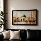 Panoramic painting of Al Masjid an Nabawi in Medina featuring the iconic green dome centered among ornate mosque architecture and tall minarets rising against a warm textured skyline. Thick palette knife strokes form arches domes and city structures creating a wide horizontal Islamic architectural scene with layered gold beige and green tones.