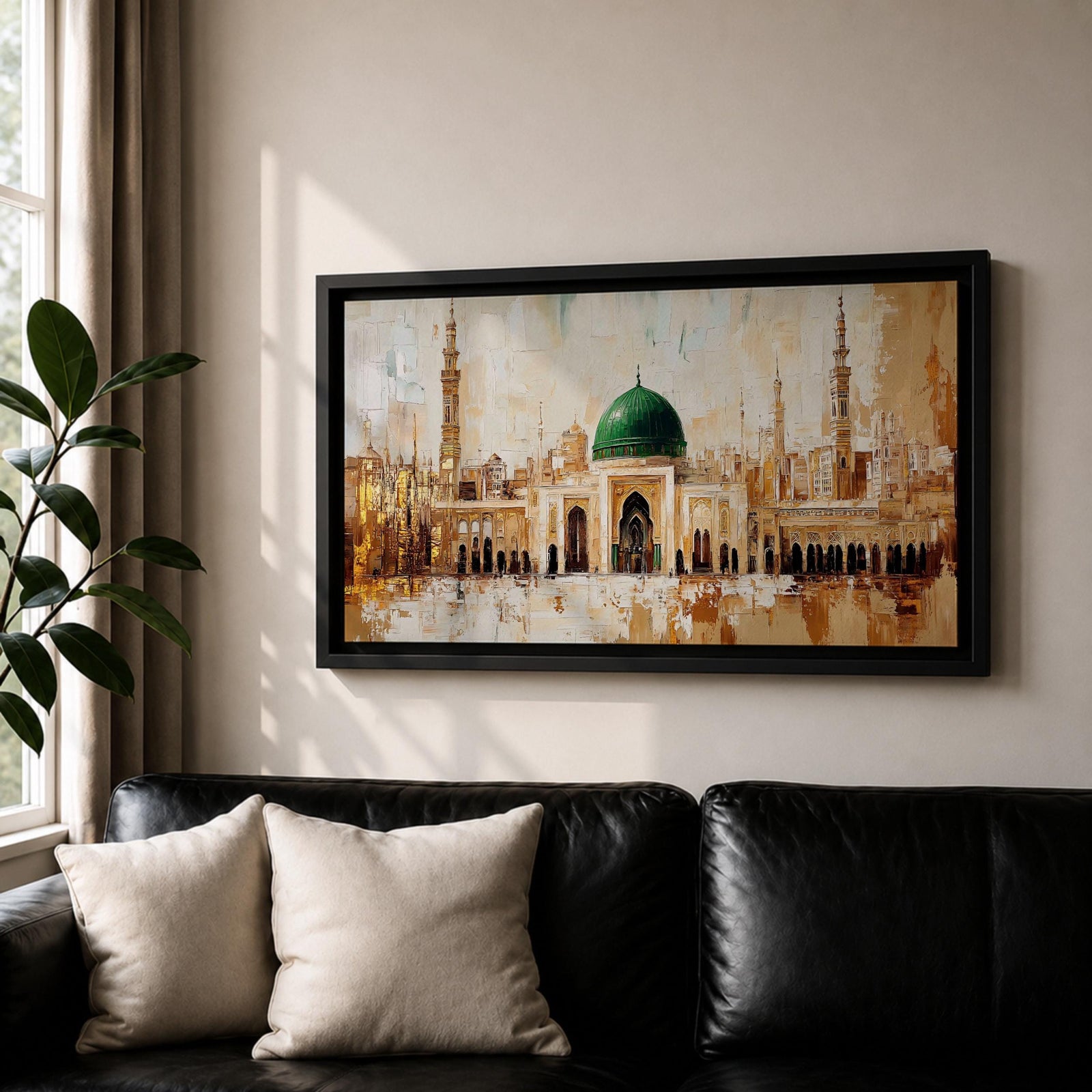 Panoramic painting of Al Masjid an Nabawi in Medina featuring the iconic green dome centered among ornate mosque architecture and tall minarets rising against a warm textured skyline. Thick palette knife strokes form arches domes and city structures creating a wide horizontal Islamic architectural scene with layered gold beige and green tones.