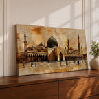Panoramic painting of Al Masjid an Nabawi in Medina featuring the iconic green dome surrounded by tall minarets and expansive mosque courtyards. The architectural arches and domes are rendered with textured sepia brushwork while small figures walk across the reflective marble courtyard.
