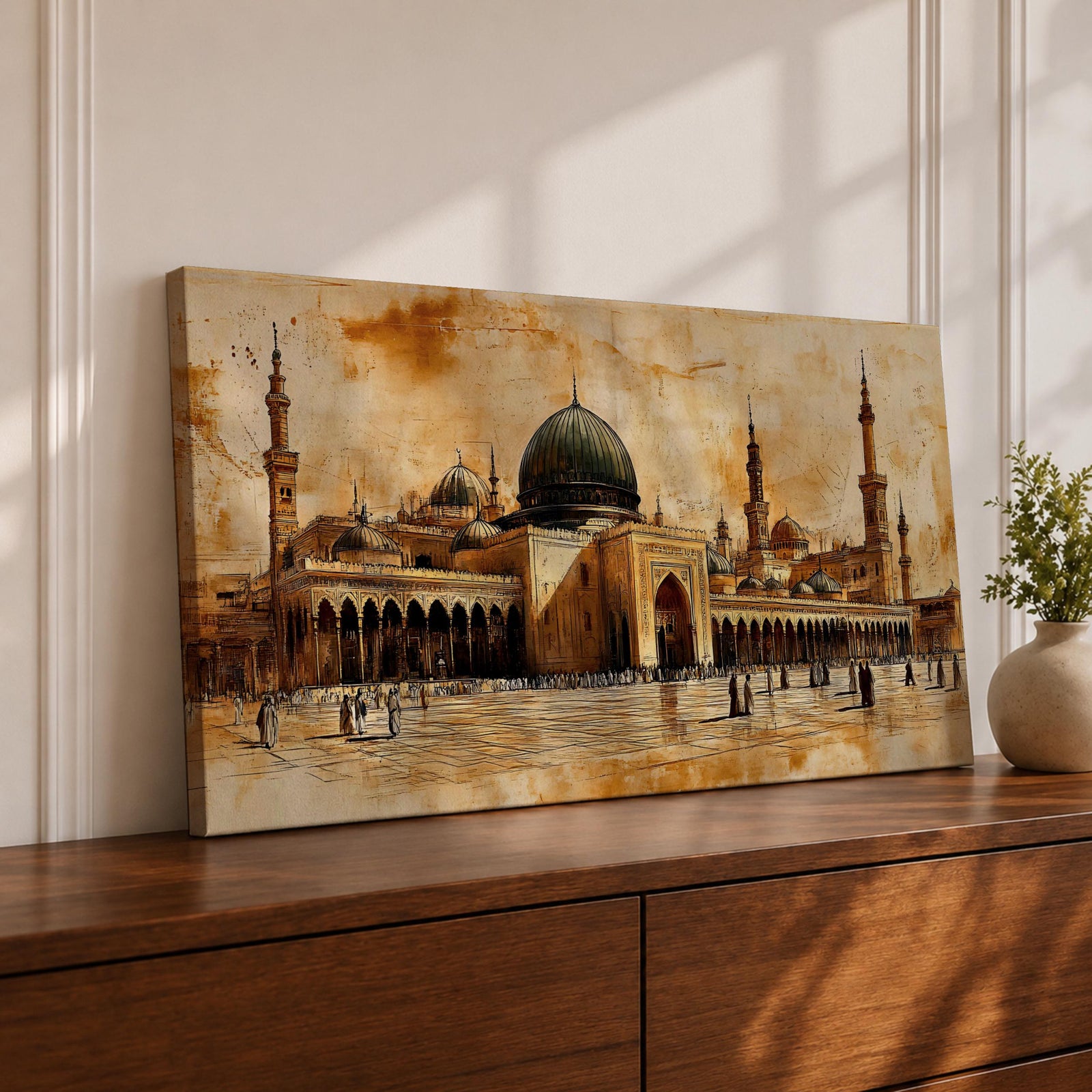 Panoramic painting of Al Masjid an Nabawi in Medina featuring the iconic green dome surrounded by tall minarets and expansive mosque courtyards. The architectural arches and domes are rendered with textured sepia brushwork while small figures walk across the reflective marble courtyard.