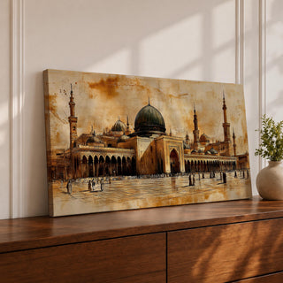 Panoramic painting of Al Masjid an Nabawi in Medina featuring the iconic green dome surrounded by tall minarets and expansive mosque courtyards. The architectural arches and domes are rendered with textured sepia brushwork while small figures walk across the reflective marble courtyard.