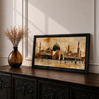 Panoramic painting of Al Masjid an Nabawi in Medina featuring the iconic green dome surrounded by tall minarets and expansive mosque courtyards. The architectural arches and domes are rendered with textured sepia brushwork while small figures walk across the reflective marble courtyard.