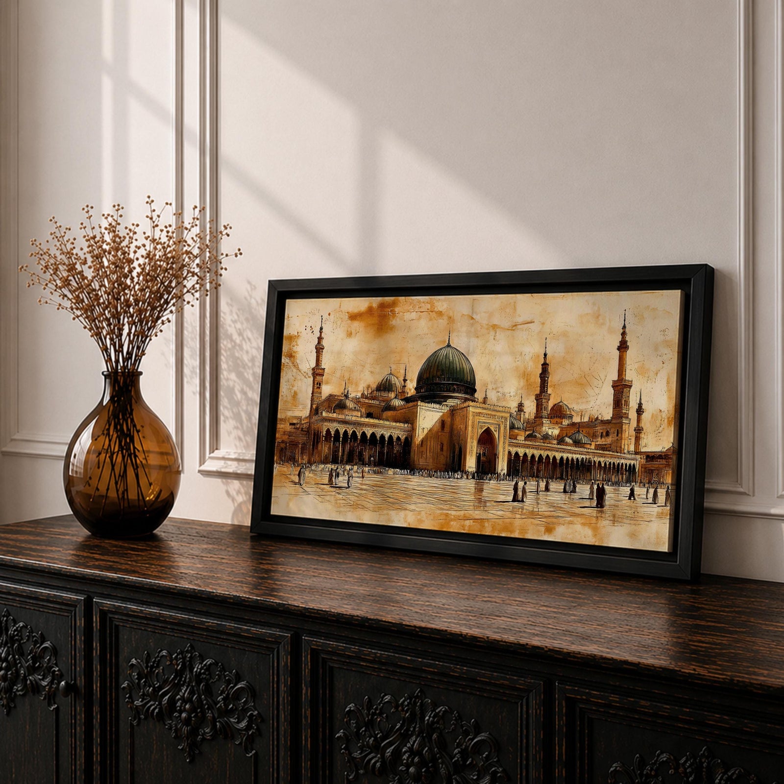 Panoramic painting of Al Masjid an Nabawi in Medina featuring the iconic green dome surrounded by tall minarets and expansive mosque courtyards. The architectural arches and domes are rendered with textured sepia brushwork while small figures walk across the reflective marble courtyard.
