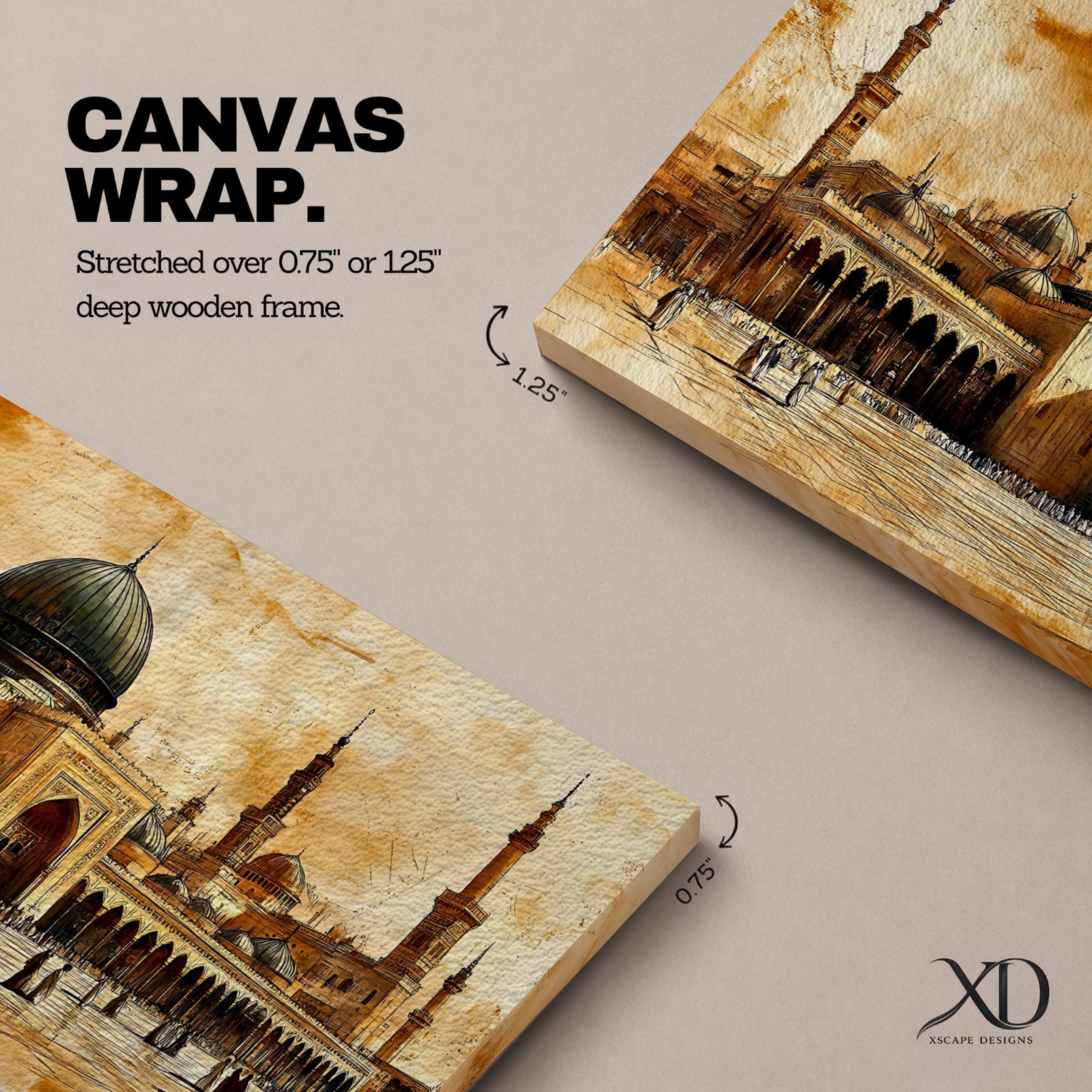 Panoramic painting of Al Masjid an Nabawi in Medina featuring the iconic green dome surrounded by tall minarets and expansive mosque courtyards. The architectural arches and domes are rendered with textured sepia brushwork while small figures walk across the reflective marble courtyard.