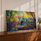 Panoramic painting of the Tour Eiffel rising above the Paris skyline viewed from the Champ de Mars with colorful textured brushstrokes forming surrounding buildings trees and glowing sky. Thick palette knife layers create vibrant reflections architectural details and expressive tones across the wide cityscape composition.