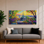 Panoramic painting of the Tour Eiffel rising above the Paris skyline viewed from the Champ de Mars with colorful textured brushstrokes forming surrounding buildings trees and glowing sky. Thick palette knife layers create vibrant reflections architectural details and expressive tones across the wide cityscape composition.