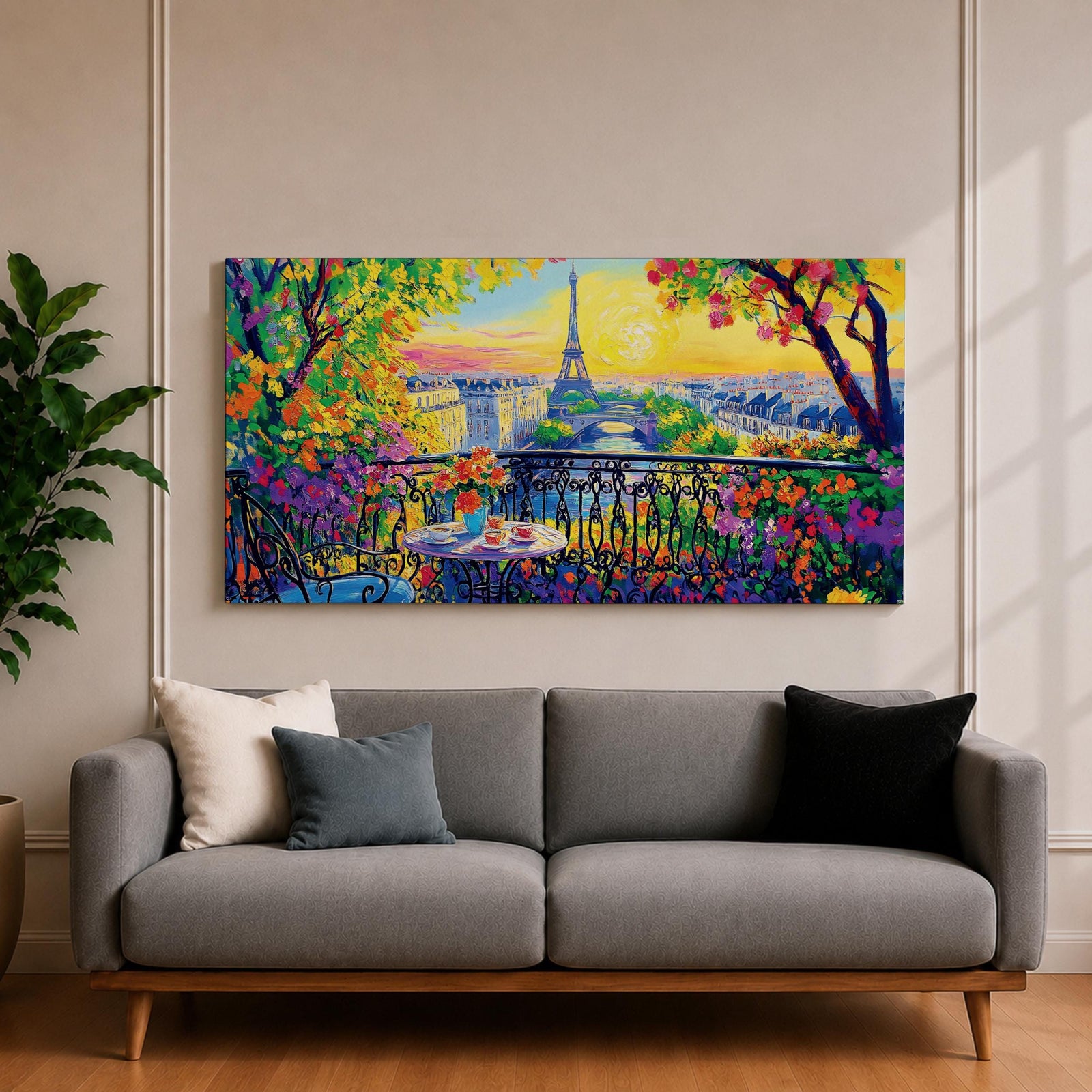 Panoramic painting of the Tour Eiffel rising above the Paris skyline viewed from the Champ de Mars with colorful textured brushstrokes forming surrounding buildings trees and glowing sky. Thick palette knife layers create vibrant reflections architectural details and expressive tones across the wide cityscape composition.