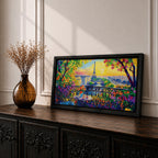 Panoramic painting of the Tour Eiffel rising above the Paris skyline viewed from the Champ de Mars with colorful textured brushstrokes forming surrounding buildings trees and glowing sky. Thick palette knife layers create vibrant reflections architectural details and expressive tones across the wide cityscape composition.