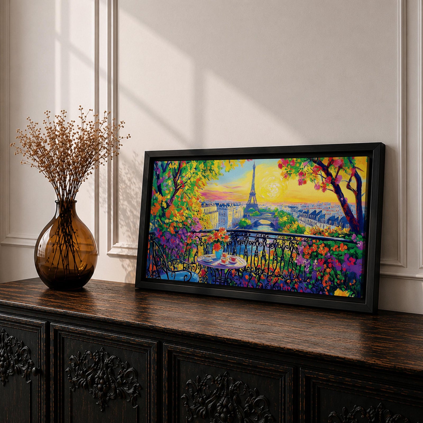 Panoramic painting of the Tour Eiffel rising above the Paris skyline viewed from the Champ de Mars with colorful textured brushstrokes forming surrounding buildings trees and glowing sky. Thick palette knife layers create vibrant reflections architectural details and expressive tones across the wide cityscape composition.