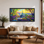 Panoramic painting of the Tour Eiffel rising above the Paris skyline viewed from the Champ de Mars with colorful textured brushstrokes forming surrounding buildings trees and glowing sky. Thick palette knife layers create vibrant reflections architectural details and expressive tones across the wide cityscape composition.