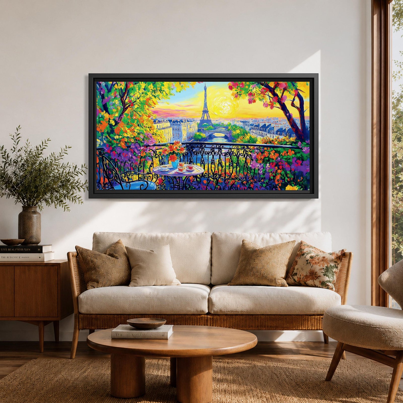 Panoramic painting of the Tour Eiffel rising above the Paris skyline viewed from the Champ de Mars with colorful textured brushstrokes forming surrounding buildings trees and glowing sky. Thick palette knife layers create vibrant reflections architectural details and expressive tones across the wide cityscape composition.