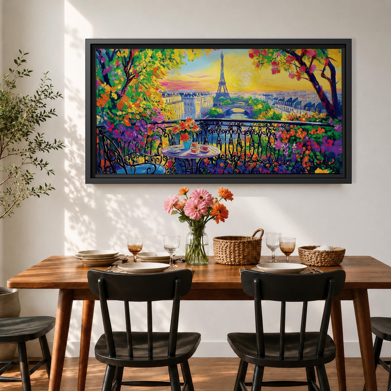 Panoramic painting of the Tour Eiffel rising above the Paris skyline viewed from the Champ de Mars with colorful textured brushstrokes forming surrounding buildings trees and glowing sky. Thick palette knife layers create vibrant reflections architectural details and expressive tones across the wide cityscape composition.