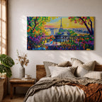 Panoramic painting of the Tour Eiffel rising above the Paris skyline viewed from the Champ de Mars with colorful textured brushstrokes forming surrounding buildings trees and glowing sky. Thick palette knife layers create vibrant reflections architectural details and expressive tones across the wide cityscape composition.