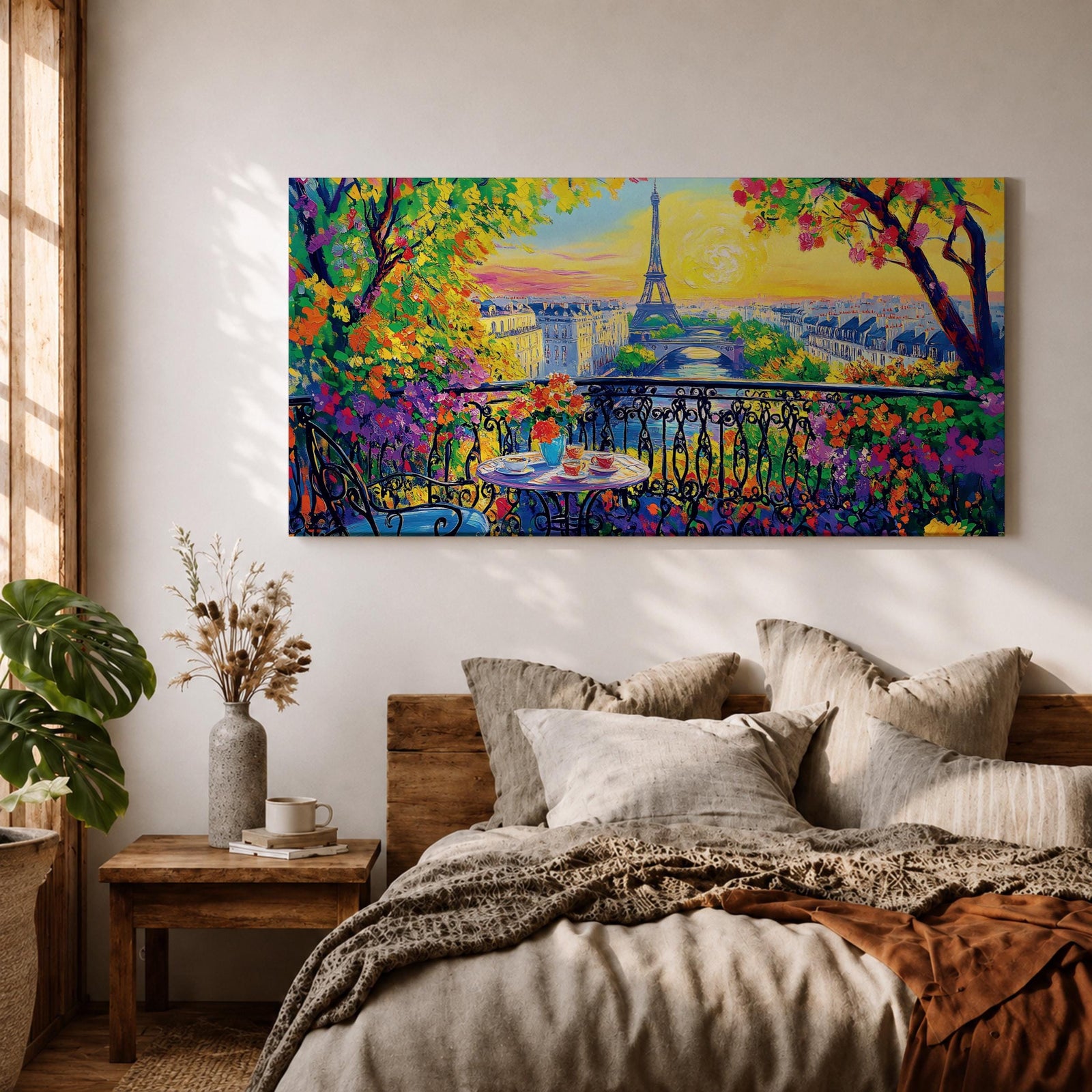 Panoramic painting of the Tour Eiffel rising above the Paris skyline viewed from the Champ de Mars with colorful textured brushstrokes forming surrounding buildings trees and glowing sky. Thick palette knife layers create vibrant reflections architectural details and expressive tones across the wide cityscape composition.