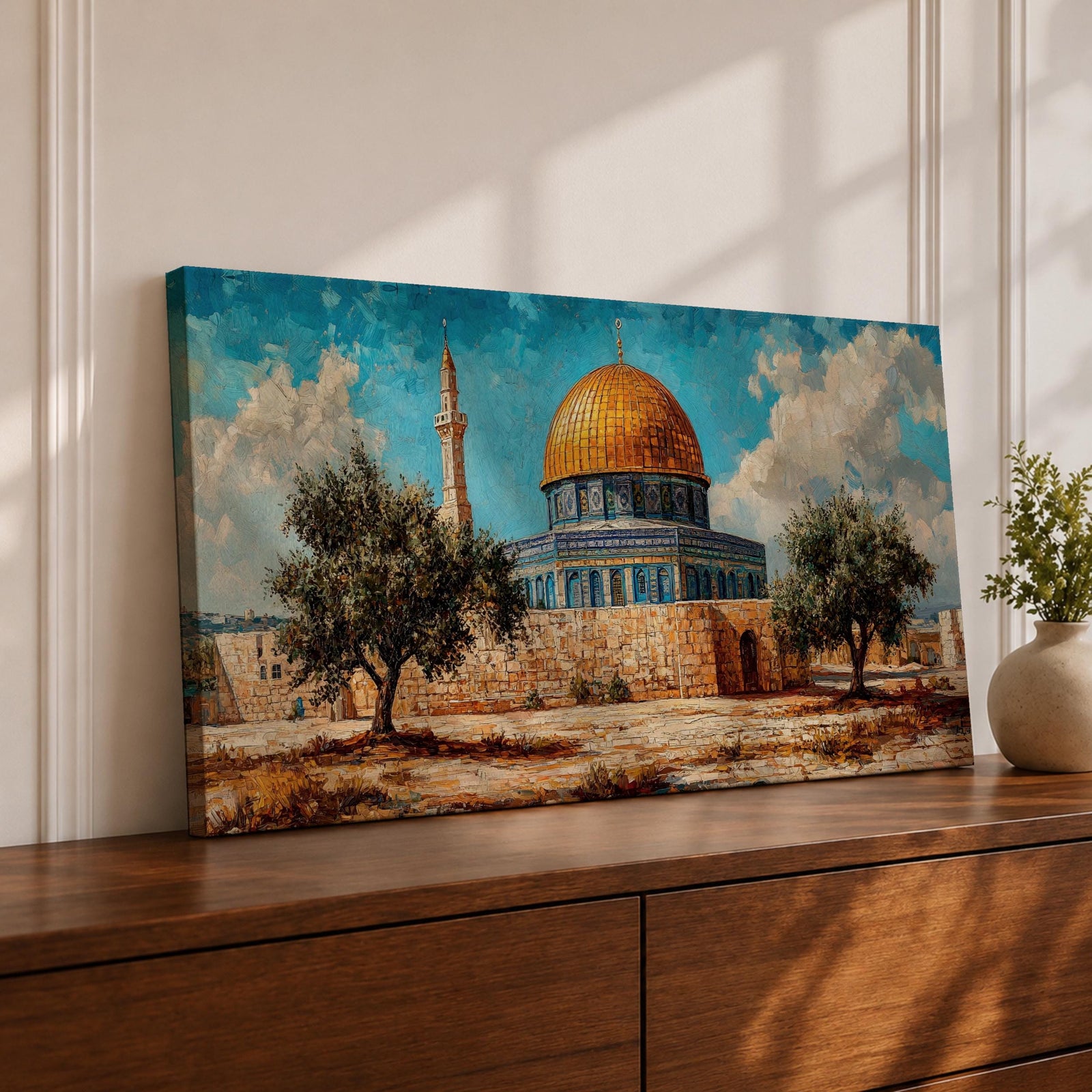 Panoramic painting of Masjid Al Aqsa complex in Jerusalem featuring the golden Dome of the Rock rising above stone walls and blue tiled architecture. Olive trees stand in the foreground while textured brushstrokes capture the historic Islamic shrine beneath a bright sky with scattered clouds across the wide composition.
