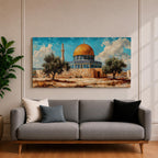 Panoramic painting of Masjid Al Aqsa complex in Jerusalem featuring the golden Dome of the Rock rising above stone walls and blue tiled architecture. Olive trees stand in the foreground while textured brushstrokes capture the historic Islamic shrine beneath a bright sky with scattered clouds across the wide composition.