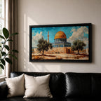 Panoramic painting of Masjid Al Aqsa complex in Jerusalem featuring the golden Dome of the Rock rising above stone walls and blue tiled architecture. Olive trees stand in the foreground while textured brushstrokes capture the historic Islamic shrine beneath a bright sky with scattered clouds across the wide composition.