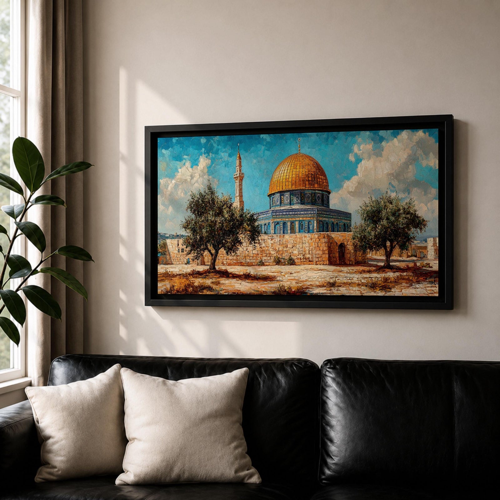 Panoramic painting of Masjid Al Aqsa complex in Jerusalem featuring the golden Dome of the Rock rising above stone walls and blue tiled architecture. Olive trees stand in the foreground while textured brushstrokes capture the historic Islamic shrine beneath a bright sky with scattered clouds across the wide composition.