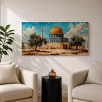 Panoramic painting of Masjid Al Aqsa complex in Jerusalem featuring the golden Dome of the Rock rising above stone walls and blue tiled architecture. Olive trees stand in the foreground while textured brushstrokes capture the historic Islamic shrine beneath a bright sky with scattered clouds across the wide composition.