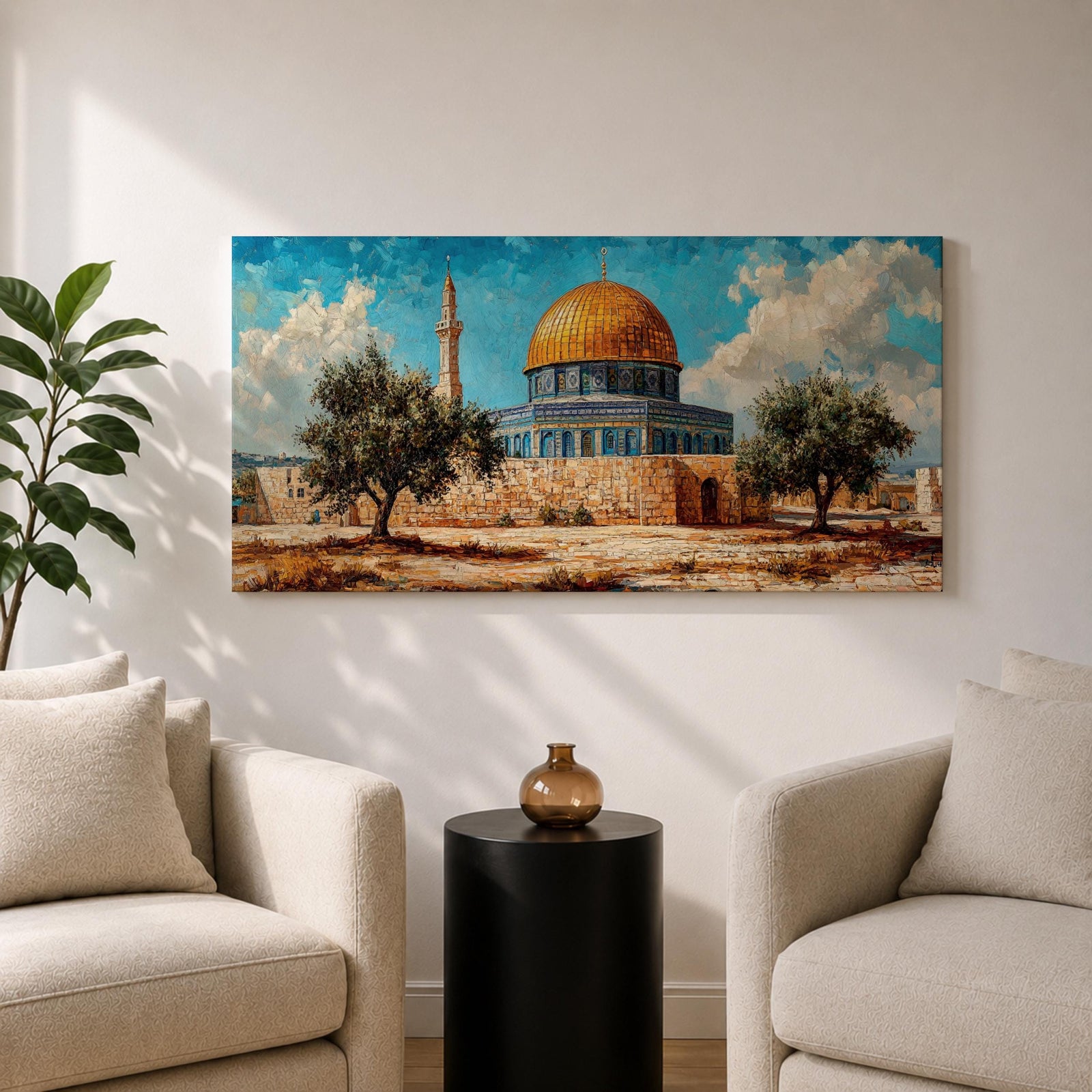 Panoramic painting of Masjid Al Aqsa complex in Jerusalem featuring the golden Dome of the Rock rising above stone walls and blue tiled architecture. Olive trees stand in the foreground while textured brushstrokes capture the historic Islamic shrine beneath a bright sky with scattered clouds across the wide composition.